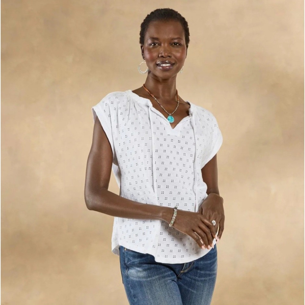Sundance Dylan Gia Eylet Tee Shirt Top Cap Sleeve Medium White Drawstring V-Neck - Picture 3 of 12